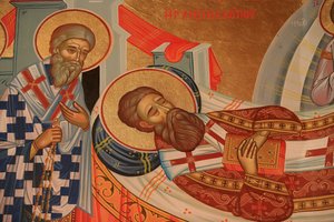 Grecka ikona prawosławna przedstawiająca zaśnięcie (śmierć) św. Grzegorza Palamasa Thessalonique Grecja autorstwa Unbekannt