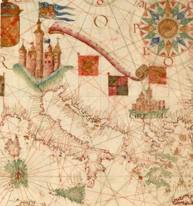 HM 1549   LUÍS TEIXEIRA, WYKRES PORTOLAN. Lizbona, ca. 1600 Wpisany na zwoju „Por Luis Te[ixe]ira em Lix[bo]a”. Sprzedany w 1867 przez Henry