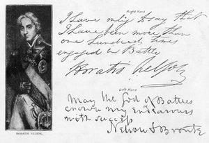 Pismo i podpisy Lorda Nelsona przed i po utracie prawej ręki, w tym jego ostatni list przed bitwą pod Trafalgarem, napisany z HMS „Victory” do Lady Hamilton autorstwa Unbekannt