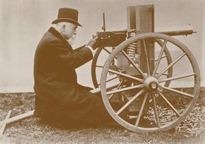 Hiram Maxim 1840-1916 przedstawia pierwszy automatyczny karabin maszynowy, 1884. autorstwa Unbekannt
