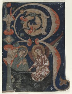 Historyczny inicjał R wycięty z graduału: Trzy Marie przy grobie, c. 1200-1230. autorstwa Unbekannt