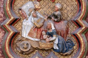 Historia św. Jana Chrzciciela: „Narodziny św. Jana Chrzciciela.” Płaskorzeźba północnego krańca chóru północnego (1531). Kamień polichromowany. 1531. Katedra w Amiens, Amiens, Francja autorstwa Unbekannt