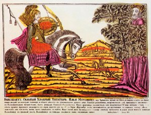 Ilya Muromets i Słowik zbójnik, grafika Lubok, XVIII w. autorstwa Unbekannt