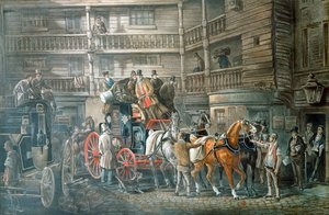 Podwórko zajazdu z autobusem pocztowym przygotowującym się do wyjazdu, ok. 1840 r. autorstwa Unbekannt