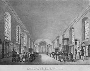 Wnętrze kościoła Eglise de Waterloo, ok. 1830 r. autorstwa Unbekannt