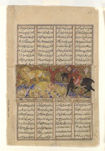 Drugie danie Isfandiyara: Zabija lwy, Folio z szahnamy..., ca. 1330-40. autorstwa Unbekannt