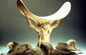 Zagłówek z kości słoniowej wsparty na figurze, starożytny Egipcjanin, XVIII dynastia, ok. 1325 r. p.n.e. autorstwa Unbekannt