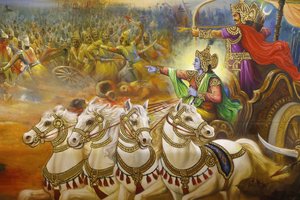 Świątynia hinduska Jalaram Prathanna, Leicester. Fresk. Kryszna, woźnica prowadzący Ardżunę na polu bitwy na Kurukszetrze. Zjednoczone Królestwo autorstwa Unbekannt