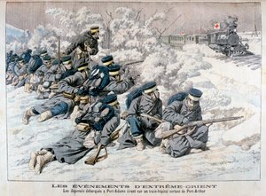 Japoński atak na pociąg szpitalny w pobliżu Port Arthur, Mandżuria, wojna rosyjsko-japońska, 1904 autorstwa Unbekannt