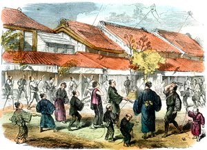 Japońska gra w battledore i lotki na ulicach Jokohamy, 1865 autorstwa Unbekannt