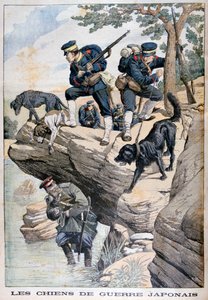 Japońscy żołnierze z psami odnajdują ukrywającego się Rosjanina, wojna rosyjsko-japońska, 1904 autorstwa Unbekannt