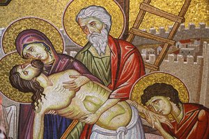Jezus z krzyża, detal mozaiki przedstawiający pochówek Jezusa Chrystusa, Kościół Grobu Świętego, Jerozolima, Izrael autorstwa Unbekannt