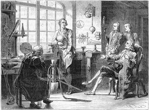 Joseph Black odwiedzający Jamesa Watta w jego warsztacie w Glasgow, ok. 1760 ok. 1879 r. autorstwa Unbekannt