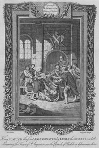 Król Edmund pierwszy zamordowany przez Leolfa Robbe, c1787 autorstwa Unbekannt