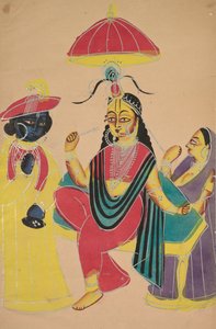 Krishna stojący obok Radhy, która siedzi na krześle, 1800s. autorstwa Unbekannt