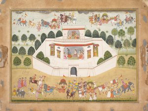 Kryszna i Balarama w obrębie otoczonego murem pałacu: Strona z rozproszonej Bhagavata Purany..., ca. 1700. autorstwa Unbekannt