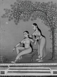 Pani w toalecie z opiekunem na tarasie, ca. 1800. autorstwa Unbekannt