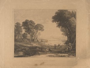 Pejzaż z postaciami po ślubie Izaaka i Rebeki, 1648, opublikowany 1830. autorstwa Unbekannt