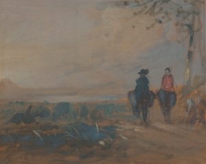 Krajobraz z jeżdżącym jeziorem i dwiema postaciami, ca. 1820. autorstwa Unbekannt