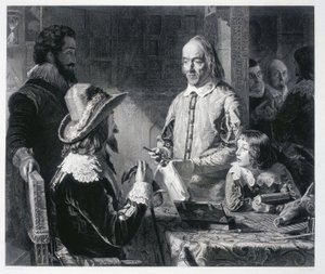 Angielski lekarz William Harvey (1578-1637) przedstawiający królowi Karolowi I Stuartowi (1600-1649) teorię krążenia krwi autorstwa Unbekannt