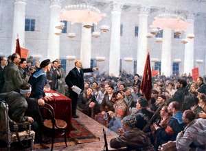 Lenin przemawiający do posłów II Kongresu Radzieckiego, Pałac Smolny, Petersburg, 1917 autorstwa Unbekannt