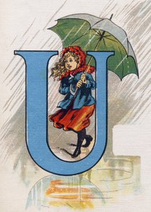 Litera U: Urszula w deszczu z parasolką. Grawerowanie w "ABC L