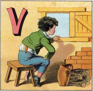 Litera V jako vasistas. Ciekawe dziecko patrząc przez okno. Grawer w „Alphabet des petits ecoliers”. Obraz Epinal, ok. 1885. Kolekcja Privee autorstwa Unbekannt