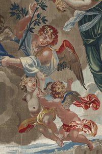 Życie Dziewicy: „Koronacja Dziewicy”” (Koronacja Dziewicy) Fragment aniołów Gobelin z wełny i jedwabiu wykonany w warsztacie Pierre
