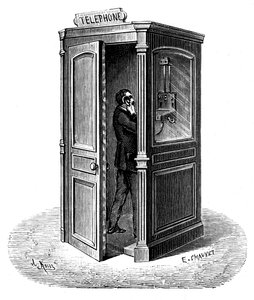 Telefonowanie z budki telefonicznej, 1888 autorstwa Unbekannt