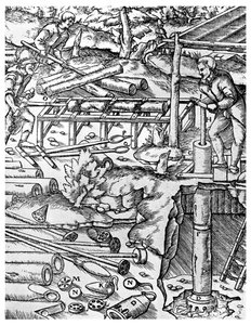 Wykonanie i wykorzystanie pomp z drzewa wiązowego do osuszania kopalń sprzed czasów maszyny parowej, 1556 1956 autorstwa Unbekannt