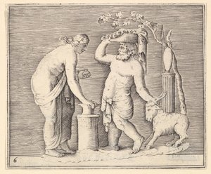 Mężczyzna i kobieta składająca w ofierze kozę, wyd. 1599-1622. autorstwa Unbekannt