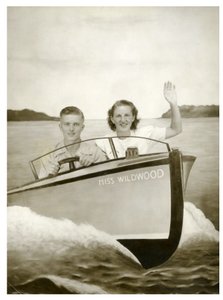 Mężczyzna i kobieta w łodzi o nazwie "Miss Wildwood" ok. 1940 (zdjęcie) autorstwa Unbekannt