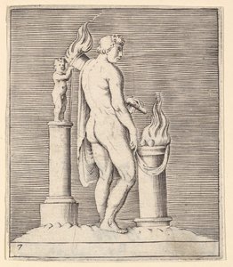 Człowiek z pochodnią między płonącym ołtarzem a statuetką, wyd. 1599-1622. autorstwa Unbekannt