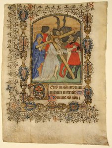 Kartka rękopisu z Księgi Godzin... Iluminowany inicjał D i Chrystus niosący krzyż, 1390-140 autorstwa Unbekannt