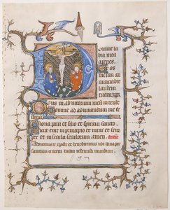 Karta rękopisu z Ukrzyżowaniem w inicjale D, z Księgi Godzin, ca. 1350. autorstwa Unbekannt