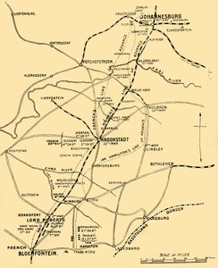 Mapa przedstawiająca linie natarcia od Bloemfontein do Pretorii, 1901. autorstwa Unbekannt
