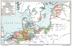 Mapa zasięgu Ligi Hanzeatyckiej około 1400 autorstwa Unbekannt