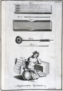 Medycyna alternatywna: tabliczka przedstawiająca igły do ​​akupunktury i ich zastosowanie, grawer z „Historii Japonii” (1727) Engelberta Kaempfera (1651-1716) (Igły do ​​akupunktury i ich zastosowanie, ok. 1690 Grawer G van der Gucht fig. autorstwa Unbekannt