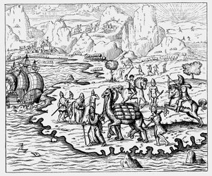 Kupcy przewożący towary na wybrzeże i oczekujący statek na wielbłądach, 1575 autorstwa Unbekannt