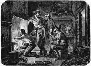 Górnicy na kalifornijskich polach złota odpoczywają nocą w swojej chatce z bali, 1853 r. autorstwa Unbekannt