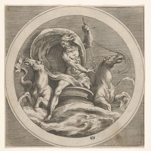 Neptun wznoszący się z morza i niosący laskę, w towarzystwie dwóch końskich łbów…, ca. 1550-1600. autorstwa Unbekannt
