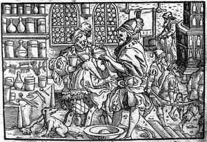 Operacja na głowie mężczyzny. Od: Wielkie lekarstwo na rany Theophrastus Bombastus von Hohenheim, 1562 autorstwa Unbekannt