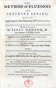 Strona tytułowa „Metody fluksji i szeregów nieskończonych” Isaaca Newtona (1642-1727), opublikowanej w Londynie w 1736 roku, zawierającej główne teorie, które miały znaczący wpływ na nauki: twierdzenie dwumianowe, trzy uniwersalne prawa m autorstwa Unbekannt