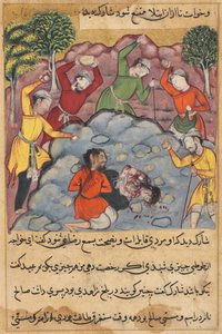 Strona z Opowieści papugi Tuti-nama: Córka Rajas i jej kochanek ukamienowani..., c. 1560. autorstwa Unbekannt