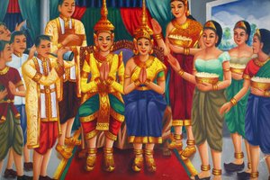Obraz przedstawiający króla i królową oraz sługi Udong Cambodge autorstwa Unbekannt