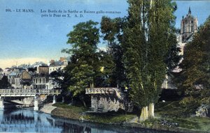 Pays de la Loire, Sarthe (72), Le Mans: brzegi Sarthe i rzymskie ruiny gallo w pobliżu „mostu X”” – pocztówka z końca XIX–XX wieku autorstwa Unbekannt