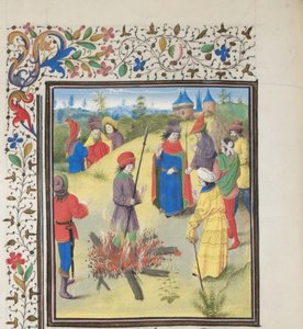Peter Bartholomew przechodzący próbę ognia. Miniatura z Historii Williama Tyru, lata 60. XIV wieku autorstwa Unbekannt