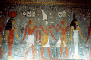 Faraon Horemheb z boginią Izydą i bogiem Horusem, starożytny Egipcjanin, XIV w. p.n.e. autorstwa Unbekannt