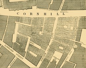 Plan przedstawiający zasięg wielkiego pożaru w Cornhill w 1748 r., ok. 1872 r. autorstwa Unbekannt
