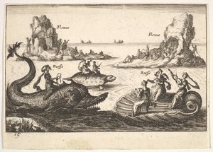 Tablica 15: Rzeki i boginie, z pływającymi wyspami prowadzonymi przez słupowców, figurka kobieca..., 1664. autorstwa Unbekannt